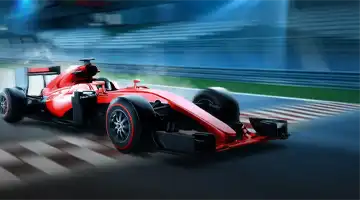 Гоночный болид на трассе с логотипом Мотор Казино, подчёркивающий участие казино в скоростных соревнованиях.